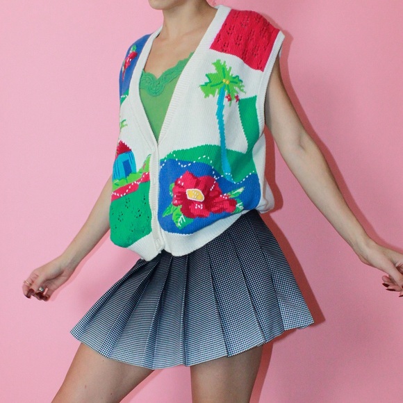 VTG 90s Colorful Crochet Tropical Motif Chunky Cotton Knit Sweater Vest - Large - Picture 5 of 10